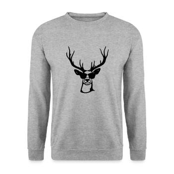 Hirsch mit Sonnenbrille Tracht Lustig und Cool - Unisex Pullover - Weißgrau meliert - Vorne - Alina (178cm) & Michal (187cm)