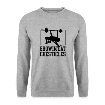Citation ironique de Growin Chesticles Gym - Sweat-shirt Unisexe - gris chiné - Devant - Alina (178cm) & Michal (187cm)