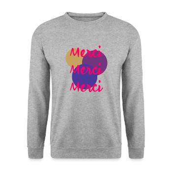 MERCI. THANKS. THANK YOU. ANNIVERSAIRE. NAISSANCE. - Sweat-shirt Unisexe - gris chiné - Devant - Alina (178cm) & Michal (187cm)