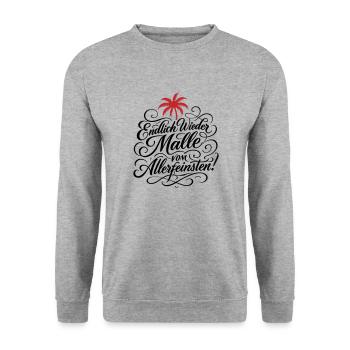Endlich Malle Spruch Urlaub - Unisex Pullover - Weißgrau meliert - Vorne - Alina (178cm) & Michal (187cm)