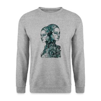 Zwei weibliche futuristische Cyborg - Unisex Pullover - Weißgrau meliert - Vorne - Alina (178cm) & Michal (187cm)