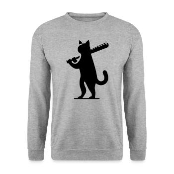 Minimalistische Katzen-Baseballspieler Silhouette - Unisex Pullover - Weißgrau meliert - Vorne - Alina (178cm) & Michal (187cm)