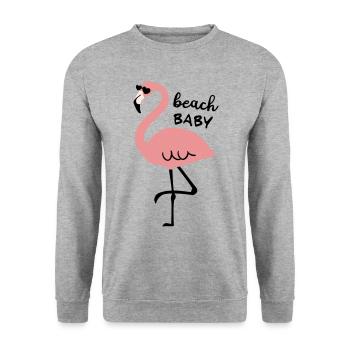 Flamingo mit Sonnenbrille und Spruch beach Baby - Unisex Pullover - Weißgrau meliert - Vorne - Alina (178cm) & Michal (187cm)