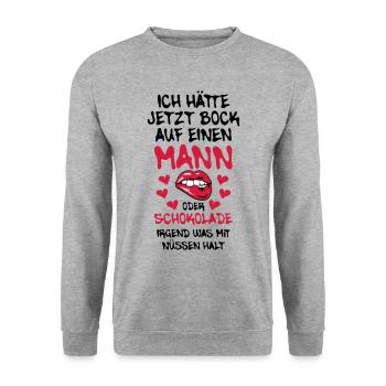 68 Ich hätte jetzt Bock auf Mann oder Schokolade - Unisex Pullover - Weißgrau meliert - Vorne - Alina (178cm) & Michal (187cm)
