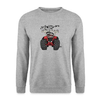 0143 roter Traktor 1255 - Unisex Pullover - Weißgrau meliert - Vorne - Alina (178cm) & Michal (187cm)