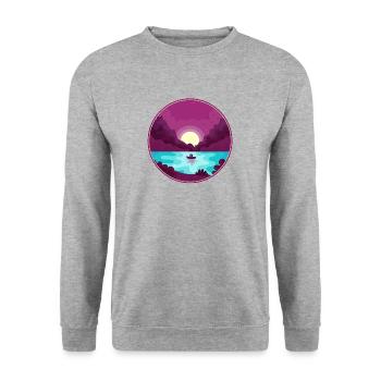 Boot mit Paar auf dem See beim Sonnenuntergang - Unisex Pullover - Weißgrau meliert - Vorne - Alina (178cm) & Michal (187cm)