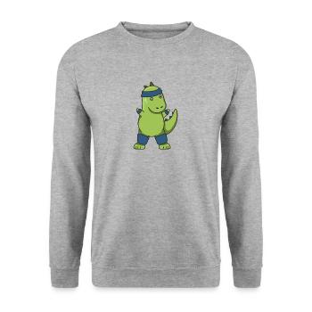 Dinosaurier workout fitness Geschenk idee dino gym - Unisex Pullover - Weißgrau meliert - Vorne - Alina (178cm) & Michal (187cm)