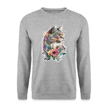 Boho Katze Aquarell Blumen - Unisex Pullover - Weißgrau meliert - Vorne - Alina (178cm) & Michal (187cm)