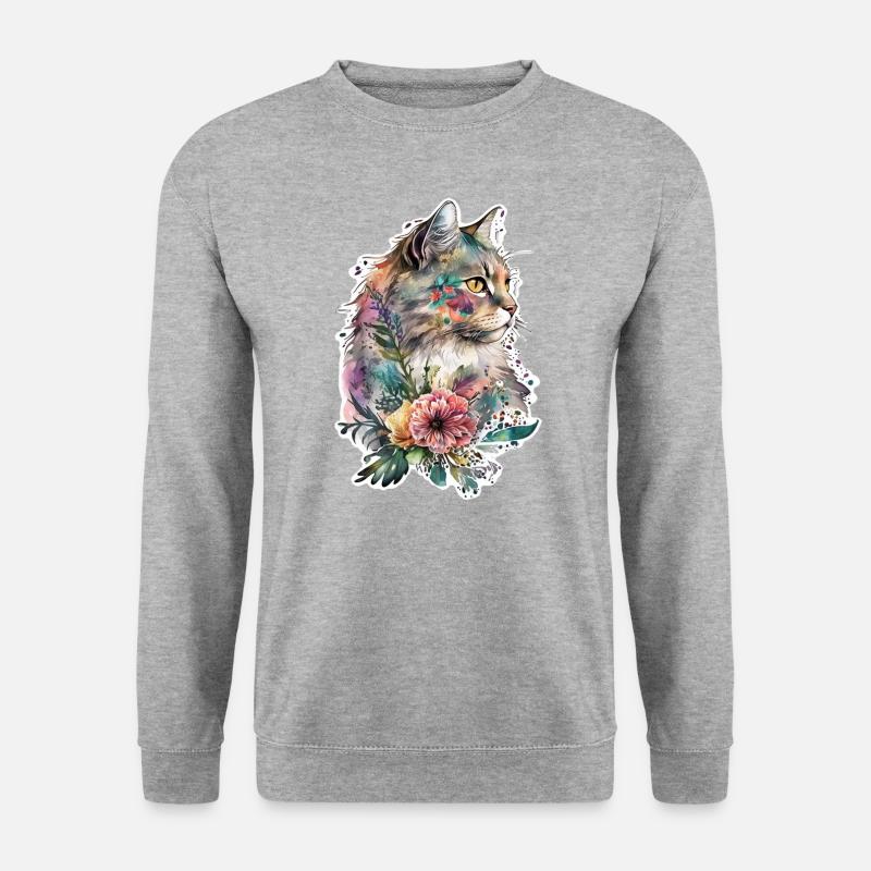 Boho Katze Aquarell Blumen - Unisex Pullover - Weißgrau meliert