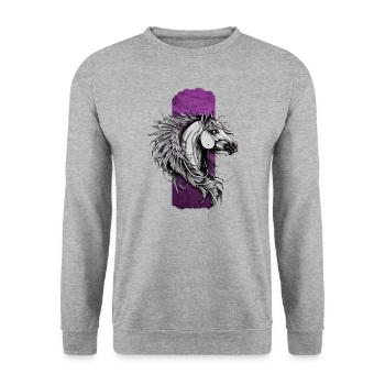 Skurrile Eleganz: Rosa gefiedertes Pferd - Unisex Pullover - Weißgrau meliert - Vorne - Alina (178cm) & Michal (187cm)