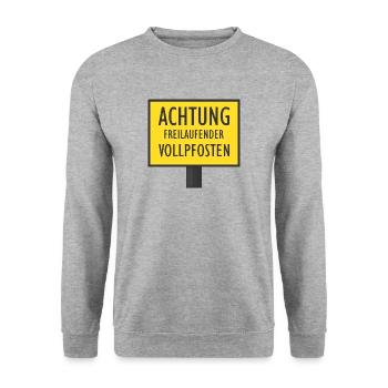 Achtung Freilaufender Vollpfosten | Schild - Unisex Pullover - Weißgrau meliert - Vorne - Alina (178cm) & Michal (187cm)