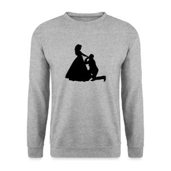 Kniender Mann vor Frau Prinzessin - Unisex Pullover - Weißgrau meliert - Vorne - Alina (178cm) & Michal (187cm)