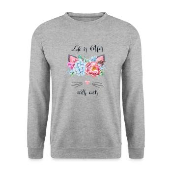 life is better with cats - Unisex Pullover - Weißgrau meliert - Vorne - Alina (178cm) & Michal (187cm)