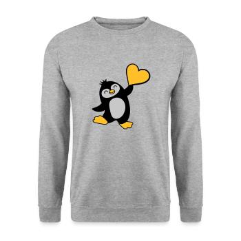 Freundlicher Pinguin zeigt Herz - Unisex Pullover - Weißgrau meliert - Vorne - Alina (178cm) & Michal (187cm)