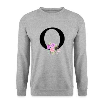 Lila Blumenbuchstabe O - Unisex Pullover - Weißgrau meliert - Vorne - Alina (178cm) & Michal (187cm)