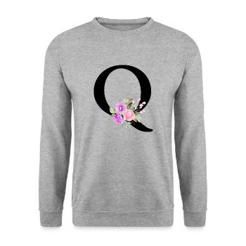 Lila Blumenbuchstabe Q - Unisex Pullover - Weißgrau meliert - Vorne - Alina (178cm) & Michal (187cm)