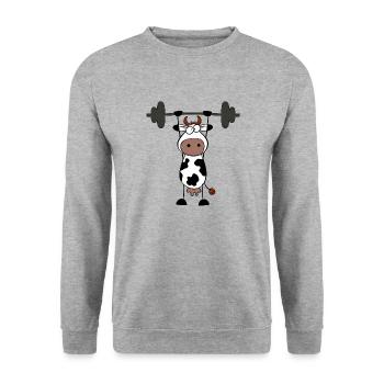 Kuh Bulle Hantel Barbell Fitness Handstand - Unisex Pullover - Weißgrau meliert - Vorne - Alina (178cm) & Michal (187cm)