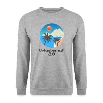 Urlaubsmotiv mit Palmen und Insel, Urlaubsreif 2.0 - Unisex Pullover - Weißgrau meliert - Vorne - Alina (178cm) & Michal (187cm)