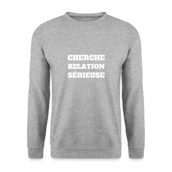 t-shirt humour cherche relation sérieuse cadeau - Sweat-shirt Unisexe - gris chiné - Devant - Alina (178cm) & Michal (187cm)