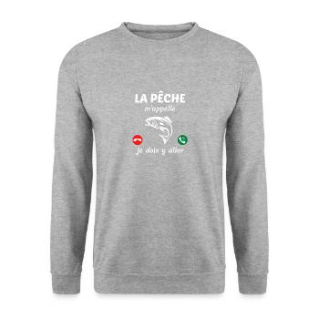 t shirt la peche m'appelle cadeau humour pecheur - Sweat-shirt Unisexe - gris chiné - Devant - Alina (178cm) & Michal (187cm)