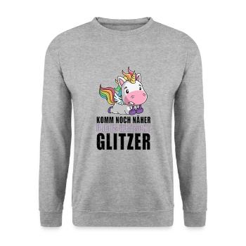 Noch näher es klatscht Glitzer Einhorn Geschenk - Unisex Pullover - Weißgrau meliert - Vorne - Alina (178cm) & Michal (187cm)
