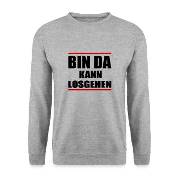 Bin da kann losgehen Fun Shirt Lustige Sprüche - Unisex Pullover - Weißgrau meliert - Vorne - Alina (178cm) & Michal (187cm)