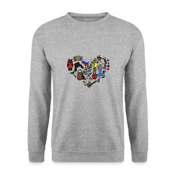 Ich liebe Russland Herz aus russischen Symbolen - Unisex Pullover - Weißgrau meliert - Vorne - Alina (178cm) & Michal (187cm)