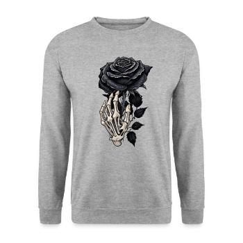 Schwarze Rose und Gothic Skelett Totenkopf Hand - Unisex Pullover - Weißgrau meliert - Vorne - Alina (178cm) & Michal (187cm)