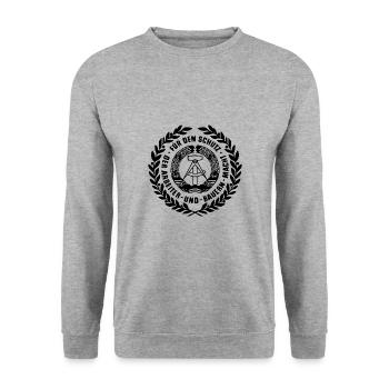 DDR Stempel Arbeiter und Bauern Macht - Unisex Pullover - Weißgrau meliert - Vorne - Alina (178cm) & Michal (187cm)