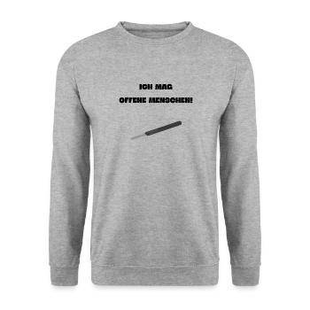 Chirurg OTA OP Ich mag offene Menschen! Spruch - Unisex Pullover - Weißgrau meliert - Vorne - Alina (178cm) & Michal (187cm)