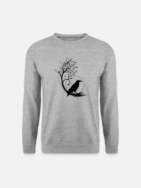 Rabe Vollmond Baum Silhouette - Mystische Nacht - Unisex Pullover - Weißgrau meliert