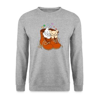 Zwei Katzen in Stiefeln - Unisex Pullover - Weißgrau meliert - Vorne - Alina (178cm) & Michal (187cm)