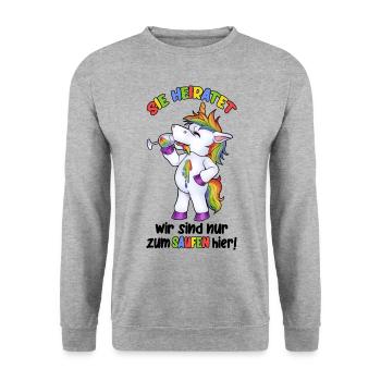 Sie Heiratet, wir sind zum Saufen hier JGA Einhorn - Unisex Pullover - Weißgrau meliert - Vorne - Alina (178cm) & Michal (187cm)