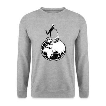 Globe Scooter Zeichnung Reise - Unisex Pullover - Weißgrau meliert - Vorne - Alina (178cm) & Michal (187cm)