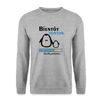 bientôt tonton pingouin,futur oncle - Sweat-shirt Unisexe - gris chiné - Devant - Alina (178cm) & Michal (187cm)