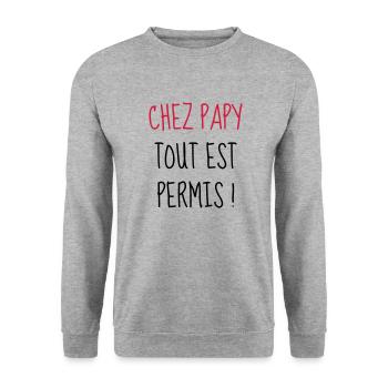 Chez Papy tout est permis ! Enfant - Bébé - Humour - Sweat-shirt Unisexe - gris chiné - Devant - Alina (178cm) & Michal (187cm)