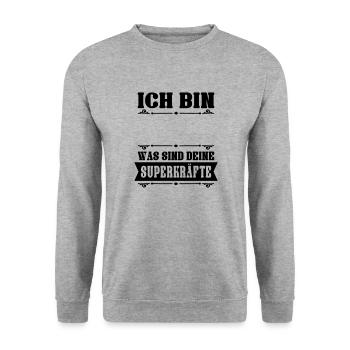 Ich bin (dein Text) was sind deine Superkräfte - Unisex Pullover - Weißgrau meliert - Vorne - Alina (178cm) & Michal (187cm)