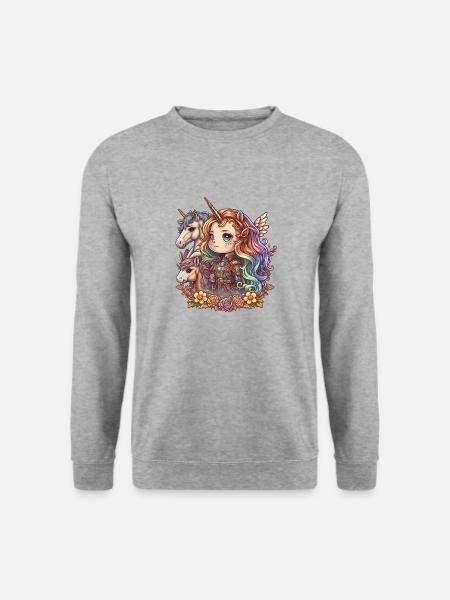 00258 Mädchen mit Regenbogenhaaren und Einhorn - Unisex Pullover - Weißgrau meliert