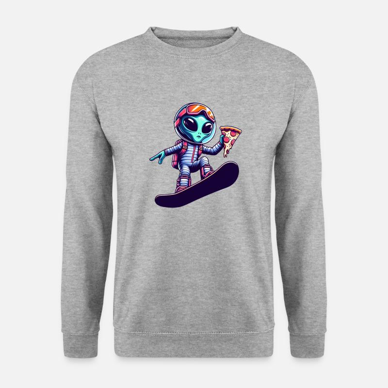 Alien Snowboard Pizza Spaß - Unisex Pullover - Weißgrau meliert
