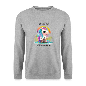 So alt aber immer noch ein unschuldiges Einhorn - Unisex Pullover - Weißgrau meliert - Vorne - Alina (178cm) & Michal (187cm)