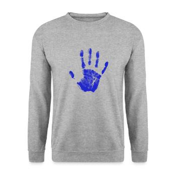 Empreinte de main peinte identité doigts et paume bleu - Sweat-shirt Unisexe - gris chiné - Devant - Alina (178cm) & Michal (187cm)