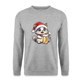 Katze Weihnachten Bier - Unisex Pullover - Weißgrau meliert - Vorne - Alina (178cm) & Michal (187cm)