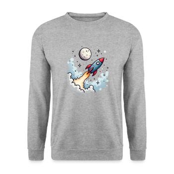 Une fusée comique s’envole vers la lune - Sweat-shirt Unisexe - gris chiné - Devant - Alina (178cm) & Michal (187cm)
