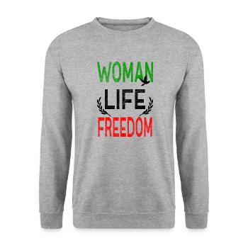Woman Life Freedom Frau Rechte Gleichheit Iran - Unisex Pullover - Weißgrau meliert - Vorne - Alina (178cm) & Michal (187cm)