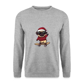 Mops Hund Weihnachten Skateboard - Unisex Pullover - Weißgrau meliert - Vorne - Alina (178cm) & Michal (187cm)