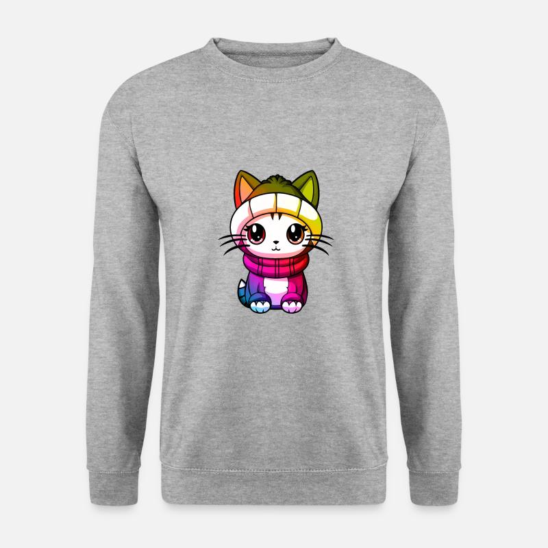 Katze Winter Tier Bunt Comic - Unisex Pullover - Weißgrau meliert