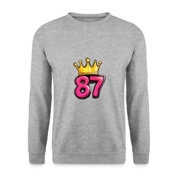 87 Zahl Krone - Unisex Pullover - Weißgrau meliert - Vorne - Alina (178cm) & Michal (187cm)
