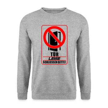 Farben änderbar | Tür leise schließen bitte - Unisex Pullover - Weißgrau meliert - Vorne - Alina (178cm) & Michal (187cm)