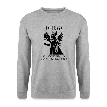 Sei mutig: Eine Walküre bewertet dich - Unisex Pullover - Weißgrau meliert - Vorne - Alina (178cm) & Michal (187cm)