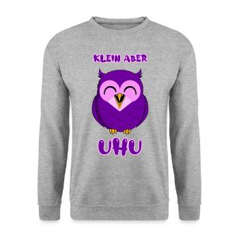 Klein aber Uhu (lila / violett) - Niedliche Eule - Unisex Pullover - Weißgrau meliert - Vorne - Alina (178cm) & Michal (187cm)